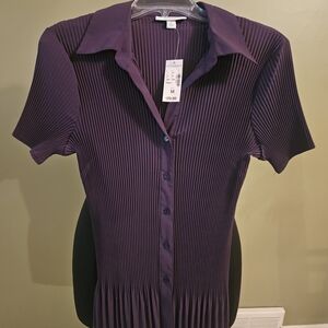 dressbarn Deep Purple Short-Sleeve Pleated Button-Down Top